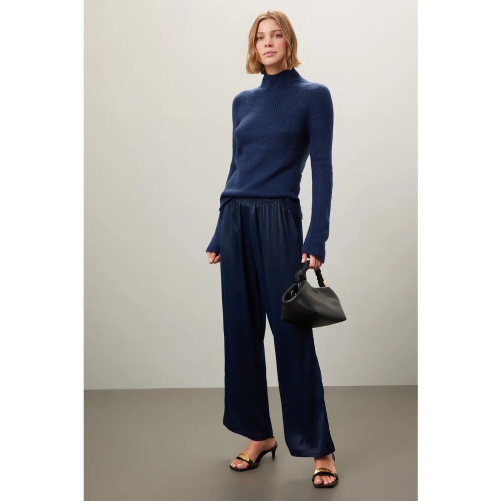 Donni Silky Simple Pants Navy Satin Wide Leg Elastic Waist Size XS - Picture 6 of 12